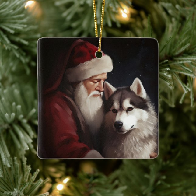 Siberian Husky With Santa Claus Festive Christmas Ceramic Ornament (Tree)