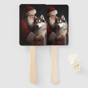 Siberian Husky With Santa Claus Festive Christmas Hand Fan
