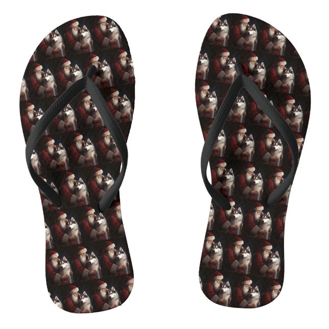 Siberian Husky With Santa Claus Festive Christmas Jandals (Footbed)