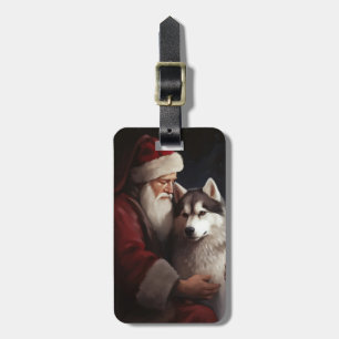 Siberian Husky With Santa Claus Festive Christmas Luggage Tag