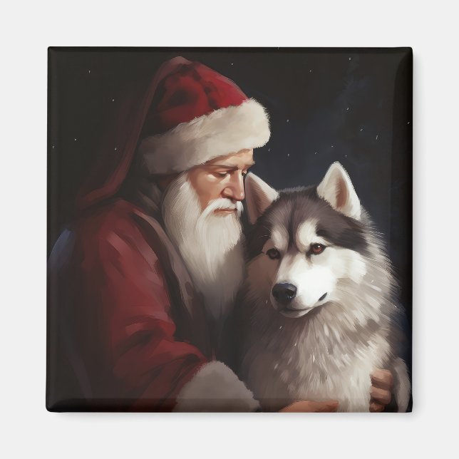 Siberian Husky With Santa Claus Festive Christmas Magnet (Front)