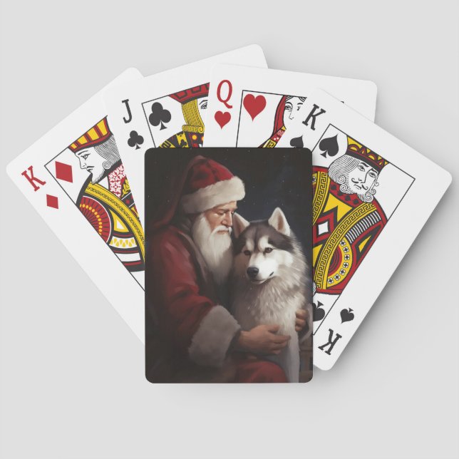 Siberian Husky With Santa Claus Festive Christmas Playing Cards (Back)
