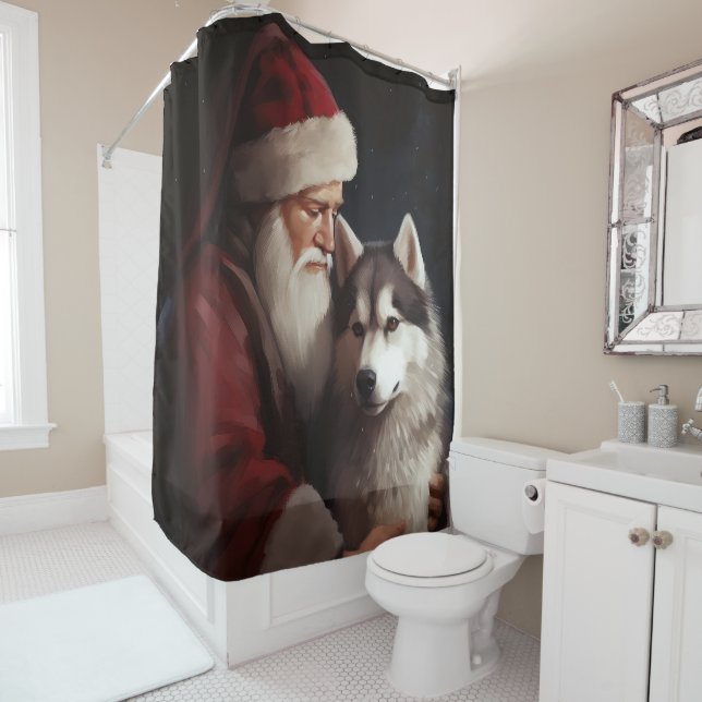 Siberian Husky With Santa Claus Festive Christmas Shower Curtain (In Situ)