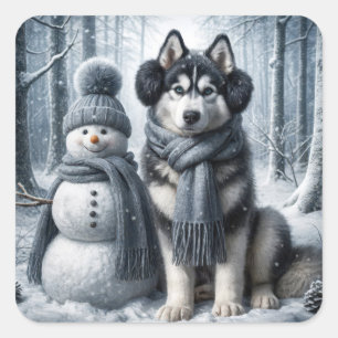 Siberian Husky With Snowman Square Sticker