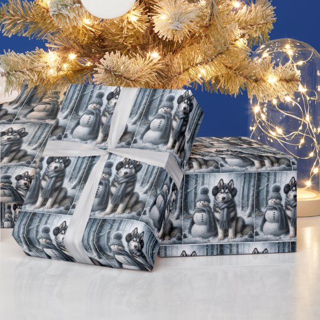 Siberian Husky With Snowman Wrapping Paper (Holidays)