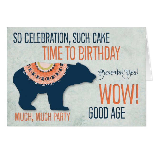 Siberian-Style Decorated Bear Happy Birthday Card (Front Horizontal)