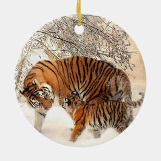 Siberian Tiger Mother and Kitten Ceramic Tree Decoration