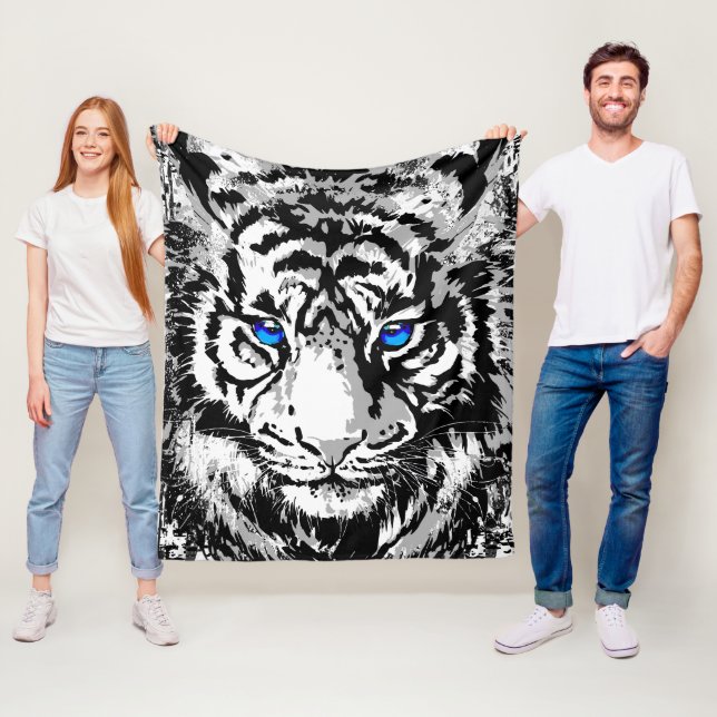 Siberian White Tiger Head - Tiger Blue Eyes Fleece Blanket (In Situ)