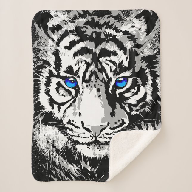 Siberian White Tiger Head - Tiger Blue Eyes Sherpa Blanket (Front)