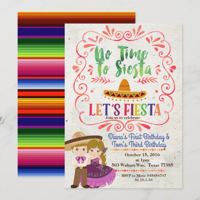 Sibling Blonde Fiesta Mexican birthday invitation (Front/Back)