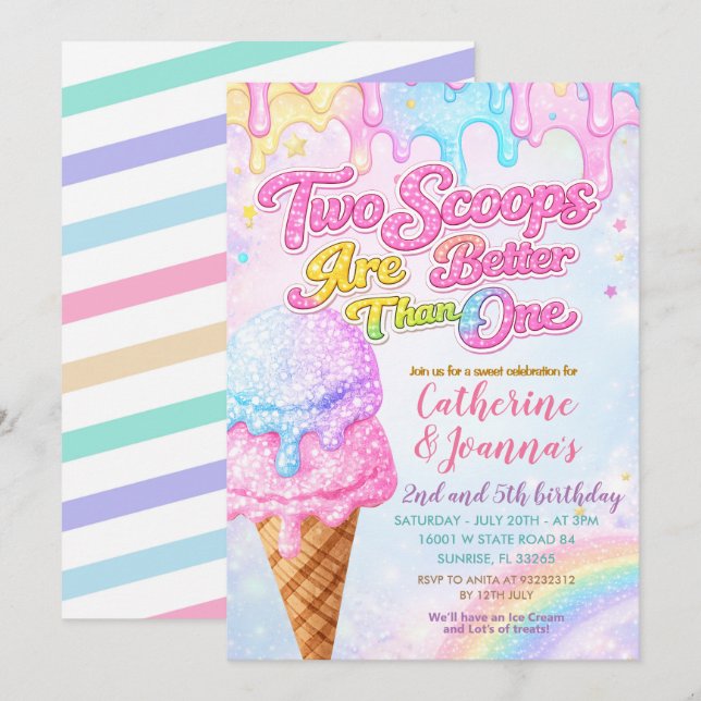 Sibling Double the Scoops Joint Birthday  Invitation (Front/Back)
