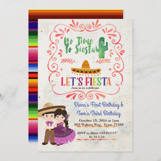 Sibling Fiesta Mexican birthday invitation (Front/Back)