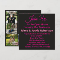 Sibling Open House Modern Black & Pink Graduation 