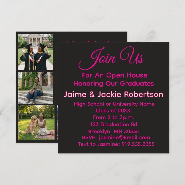 Sibling Open House Modern Black & Pink Graduation  Invitation (Front/Back)