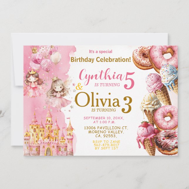 Sibling Princess and Ice Cream Joint Birthday Invitation (Front)