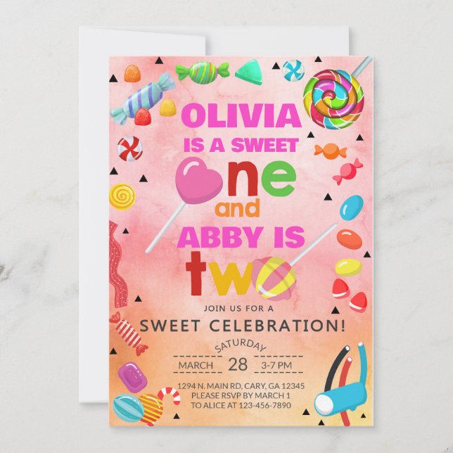 Siblings candy sweet one sweet two girls invite. i invitation (Front)