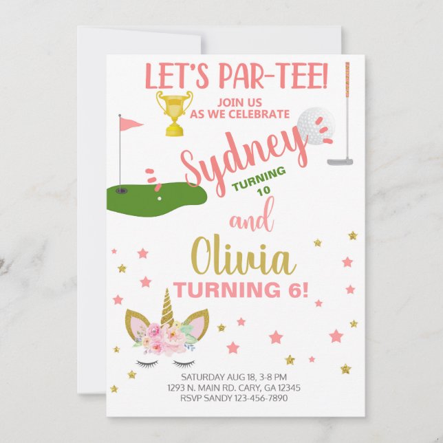Siblings golfing and unicorn birthday invite. invitation (Front)