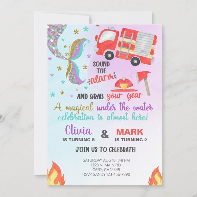 Siblings mermaid and firetruck birthday invite. invitation (Front)