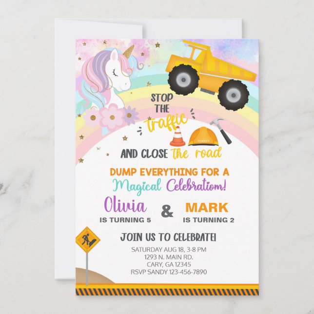Siblings unicorn and dump truck birthday invite. invitation (Front)