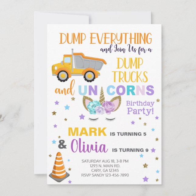 Siblings unicorn and dump truck birthday invite. invitation (Front)