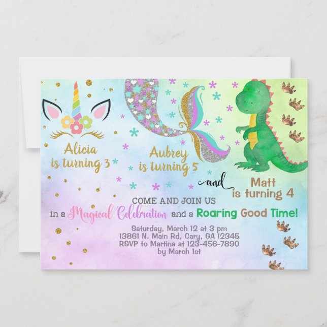 Siblings unicorn, mermaid & dinosaur invitation. invitation (Front)