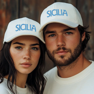 Sicilia (or Sicily) White Cap with Blue Embroidery