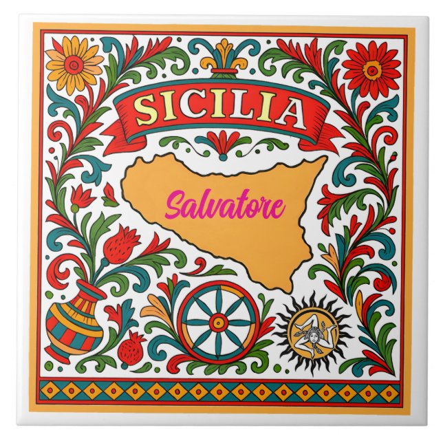 Sicilia Sicilian Design Tile (customise with name) (Front)