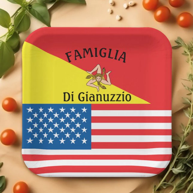 Sicilian-American Flag of Sicily American Flag Paper Plate (Flag of Sicily and American Flag Sicilian-American Custom Party Plate for Italian Celebrations)