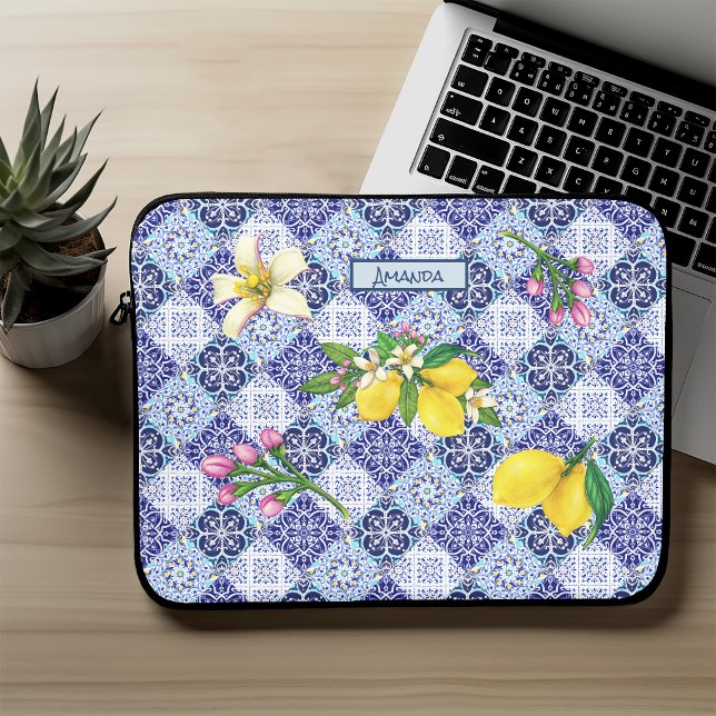 Sicilian Blue Ceramic Tile Citrus Pattern Laptop Sleeve (Creator Uploaded)
