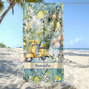 Sicilian Blue Citrus Floral Tile Art Collage Beach Towel