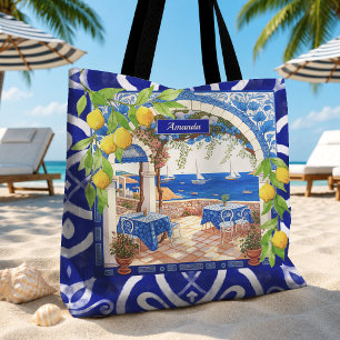 Sicilian Blue Majolica Citrus Tile Pattern Tote Bag