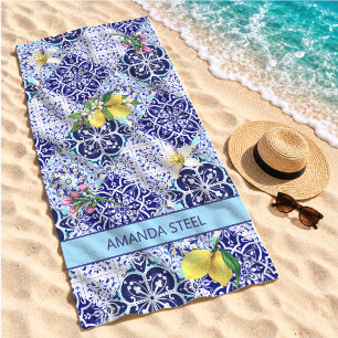 Sicilian Blue Majolica Lemon Citrus Pattern Beach Towel