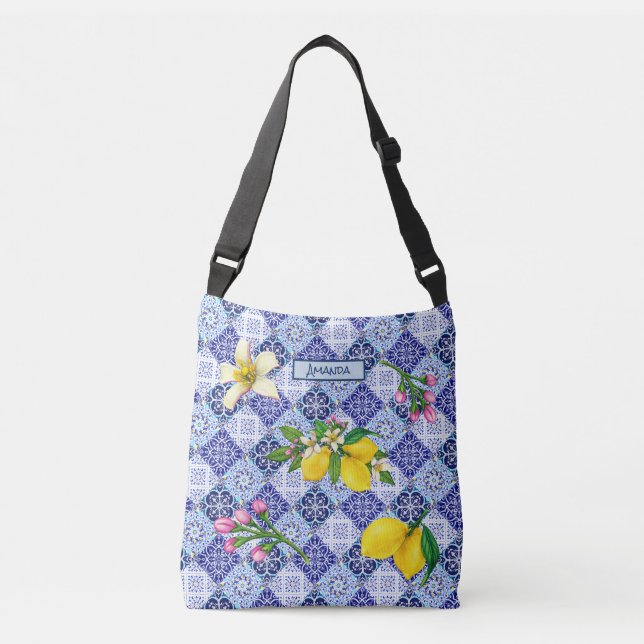 Sicilian blue Mediterranean citrus ceramic tiles  Crossbody Bag (Front)