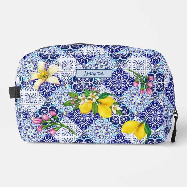 Sicilian blue Mediterranean citrus ceramic tiles  Dopp Kit (Front)