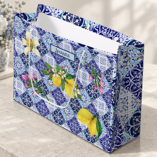 Sicilian blue Mediterranean citrus ceramic tiles  Large Gift Bag