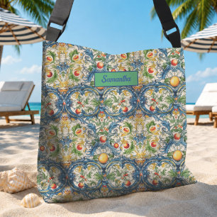 Sicilian Blue Mediterranean Citrus Tile Art Crossbody Bag