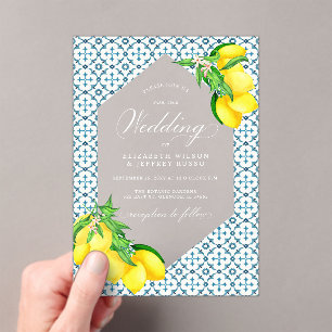 Sicilian Blue Tiles Summer Lemon Boho Wedding Acrylic Invitations