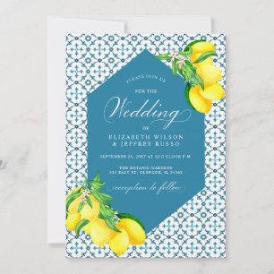 Sicilian Blue Tiles Summer Lemon Boho Wedding Invitation
