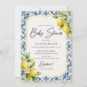 Sicilian Blue Tiles Yellow Lemon Baby Shower Invitation