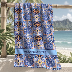 Sicilian Blue White Majolica Floral Pattern Beach Towel