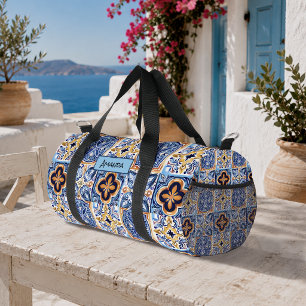 Sicilian Blue White Majolica Tile Pattern Duffle Bag