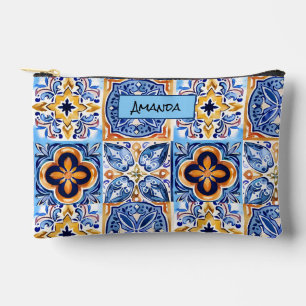 Sicilian Blue white Mediterranean ceramic tiles Accessory Pouch