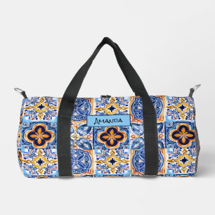 Sicilian Blue white Mediterranean ceramic tiles Duffle Bag