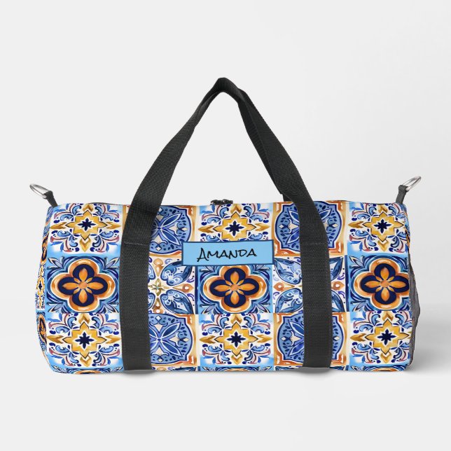  Sicilian Blue white Mediterranean ceramic tiles Duffle Bag (Front)
