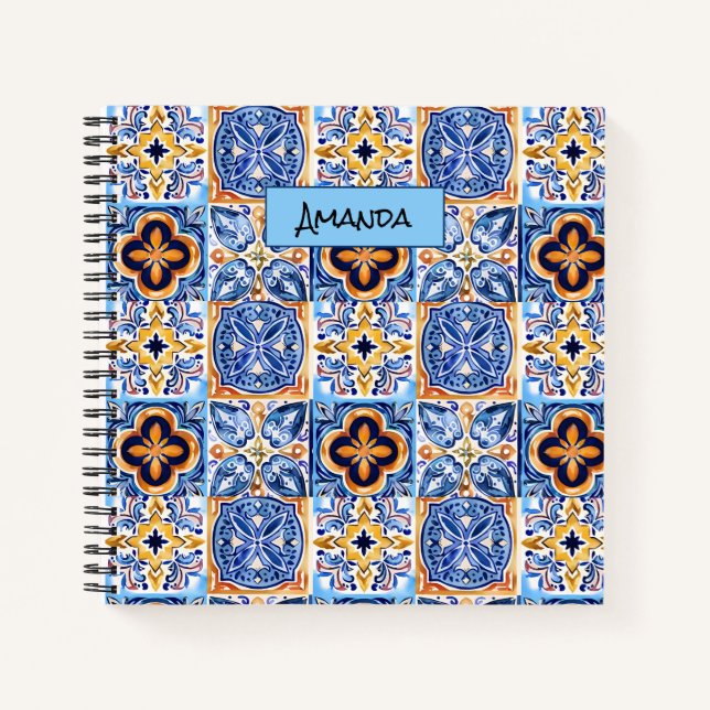  Sicilian Blue white Mediterranean ceramic tiles Notebook (Front)