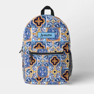  Sicilian Blue white Mediterranean ceramic tiles Printed Backpack