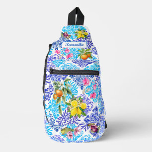 Sicilian Blue Yellow Azulejo Citrus Floral Tile Sling Bag