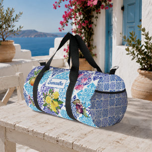 Sicilian Blue Yellow Azulejo Floral Citrus Tiles Duffle Bag