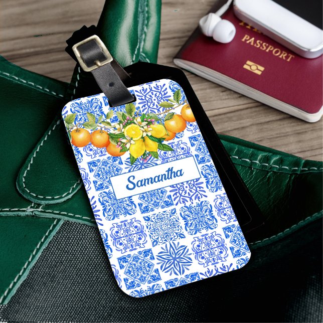 Sicilian blue yellow citrus Mediterranean azulejo  Luggage Tag (Creator Uploaded)