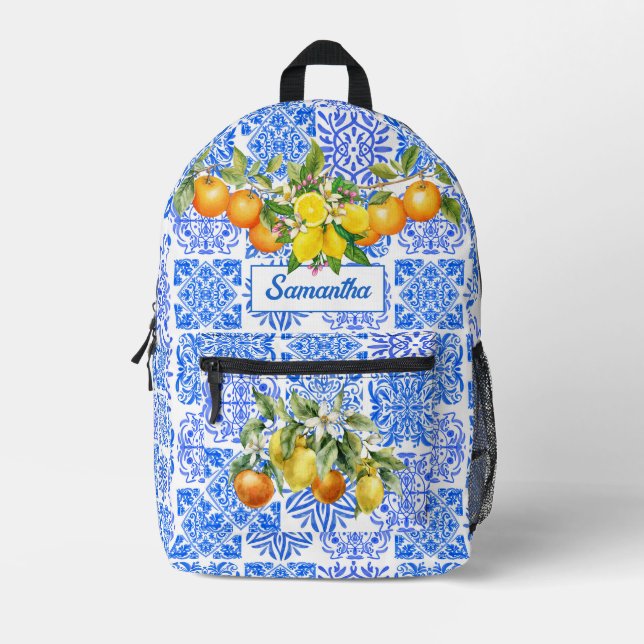 Sicilian blue yellow citrus Mediterranean azulejo  Printed Backpack (Front)